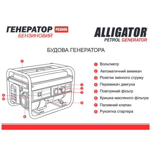 Генератор Alligator бензиновий 2,8кВт (ном 2,5кВт)