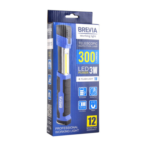Телескопічна інспекційна лампа Brevia LED 3W COB+1W LED 300lm 2000mAh, microUSB