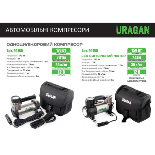 Компрессор автомобильный Uragan, LED-сигнальный фонарь