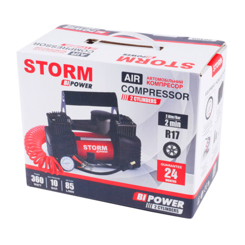 Компрессор двухцилиндровый автомобильный Storm Bi-Power10 Атм 85 л/мин 360 Вт