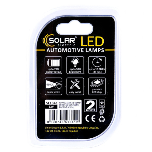 LED автолампа Solar 12V T10 W2.1x9.5d 6SMD white, 2шт