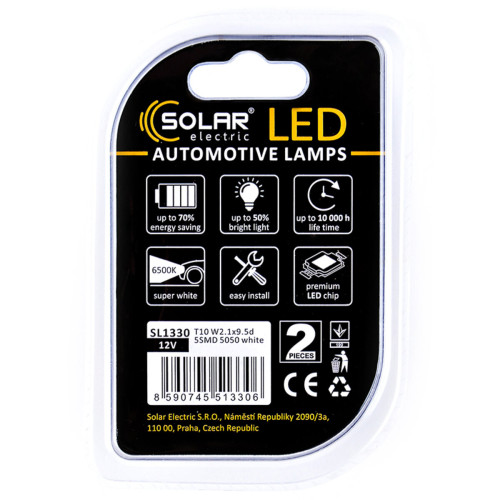 LED автолампа Solar 12V T10 W2.1x9.5d 5SMD white, 2шт