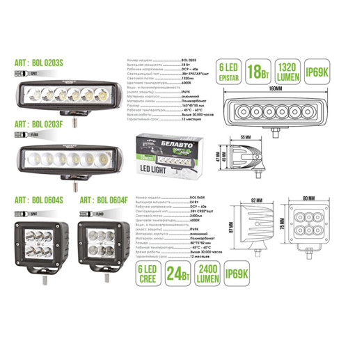 Автолампа світлодіодна BELAUTO EPISTAR Flood LED (6*3w)