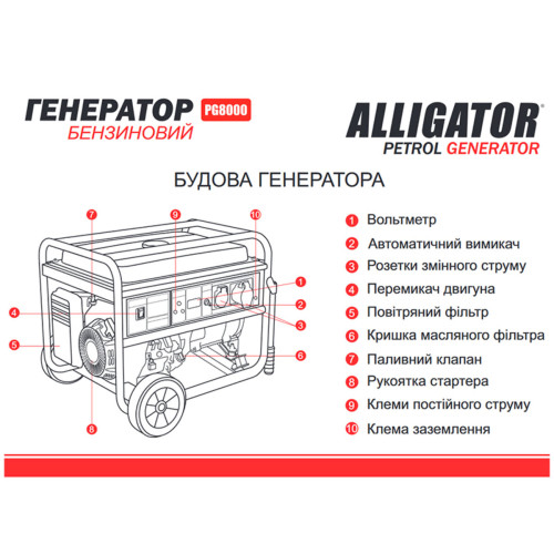 Генератор Alligator бензиновий 6,5кВт (ном 6,0кВт)