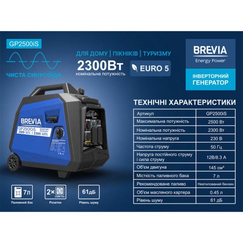 Генератор Brevia інверторний бензиновий 2,3кВт (ном 2,5кВт)