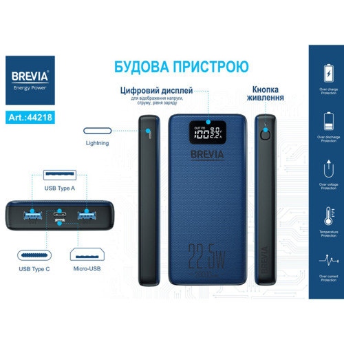 Універсальна мобільна батарея Brevia 20000mAh 22,5W Li-Pol, LCD