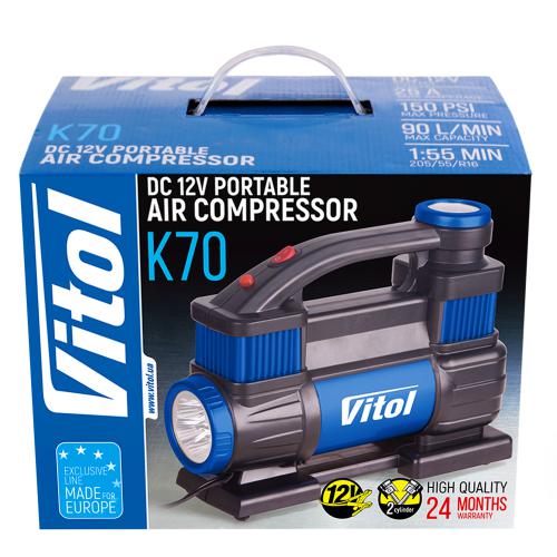 Компресор "ViTOL" К-70 150psi, 23Amp , 90л, 2 циліндра , шланг 5,0м, клеми
