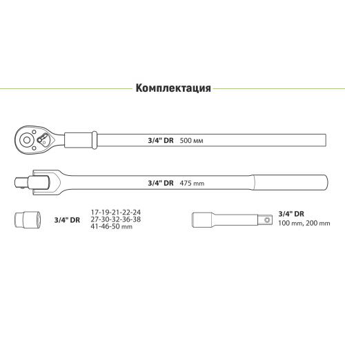 Набор головок 3/4", 17 предм. 12 гран. 19-50 мм. (НГ-6017М-12) (НГ-6017М-12)