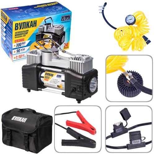 Компресор Вулкан КА-В12122 10 атм. 25Amp 90л клеммы шланг 7,5м с дефлятором Ліхтар 2 цилиндра