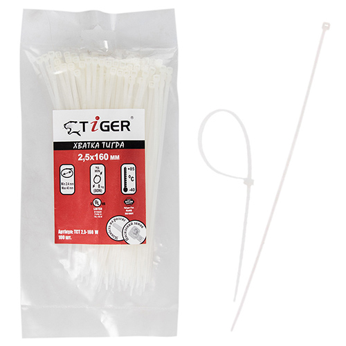 Хомут пластиковий Tiger ТСТ W2.5 х 160 100 шт., уп. бiлий