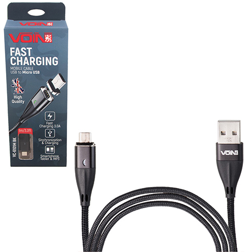 Кабель магнітний VOIN USB - Micro USB 3А, 1m, black (швидка зарядка , передача даних)