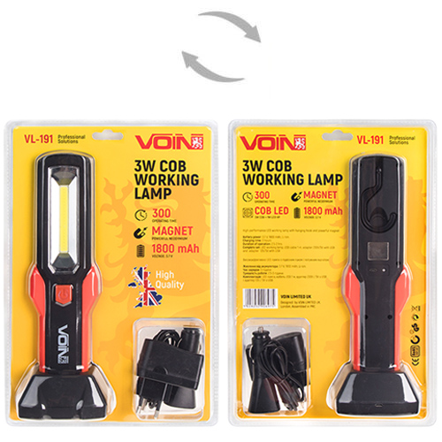 Переносная лампа "VOIN" VL-191 12V, 220V, 3W-COB+2 LED-НР, АКБ, USB+microUSB, магнит, база (VL-191)