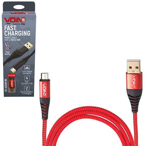 Кабель VOIN CC-4202M RD, USB - Micro USB 3А, 2m, red (быстрая зарядка передача данных) (CC-4202M RD