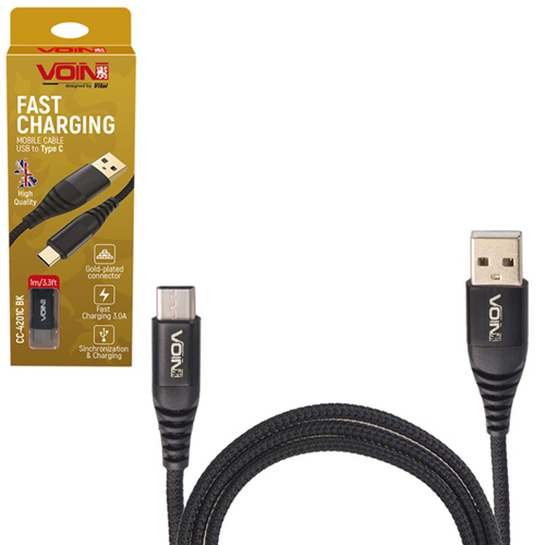 Кабель VOIN CC-4201C BK, USB - Type C 3А, 1m, black (быстрая зарядка передача данных) (CC-4201C BK)