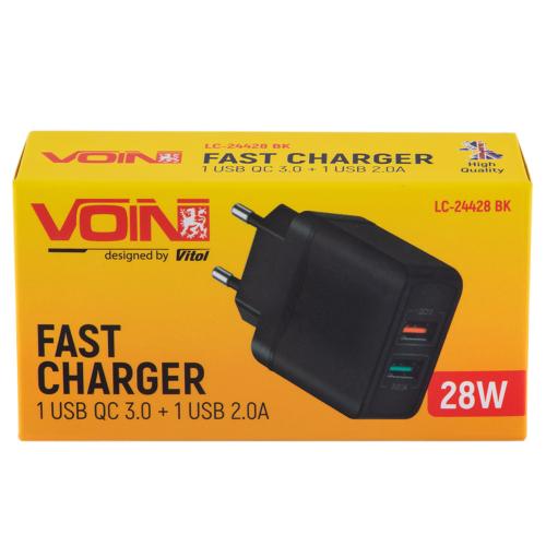 Мережевий зарядний пристрій VOIN 28W, 2 USB, QC3.0 (Port 1-5V*3A/9V*2A/12V*1.5A. Port 2-5V2A) (LC-24