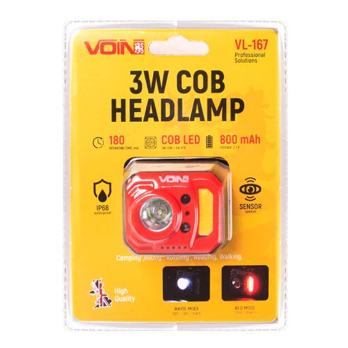 Ліхтар налобний VOIN VL-163, 3W-COB (W, R)+3W XPE, АКБ800mAh, рег. нахилу, сенсор