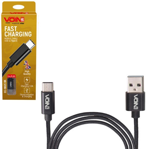 Кабель VOIN CC-1801C BK, USB - Type C 3А, 1m, black (быстрая зарядка передача данных) (CC-1801C BK)