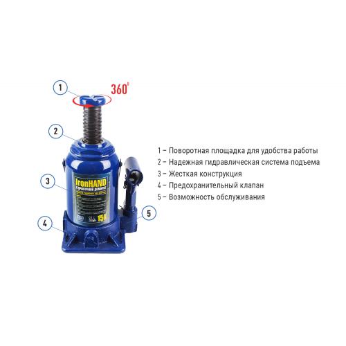 Домкрат гидравл. телескоп 15т короб. min 185мм - max 350мм Iron Hand 6кг (ДБ-15002H)