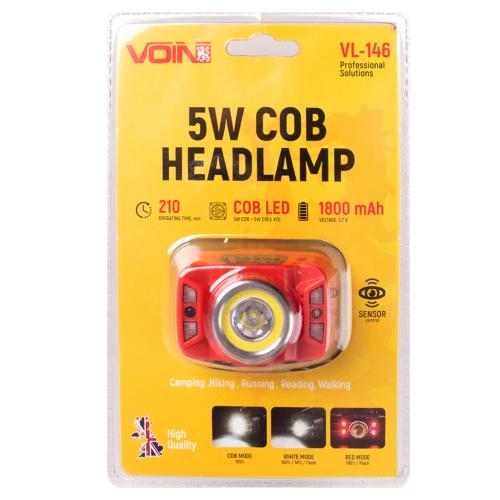 Ліхтар налобний VOIN VL-146, 5W-COB+(W, R)+5W XPE, АКБ1800mAh, рег. нахилу, сенсор