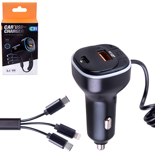 Модулятор FM 5в1 C31 12-24v USB 5V-3.1A Type C 5V-3.1A 3in1 charging cable BT5.0 RGB-ambient light (