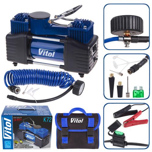 Компрессор ViTOL К-72 10 атм. 25Amp 90л 2 цилиндра шланг 5,0м с дефлятором клеммы