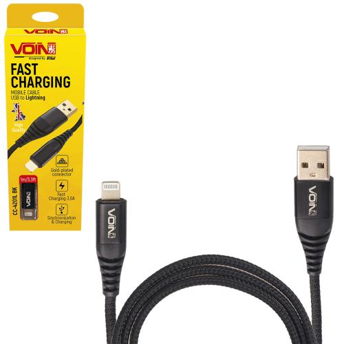 Кабель VOIN CC-4201L BK USB - Lightning 3А, 1m, black (быстрая зарядка передача данных) (CC-4201L B